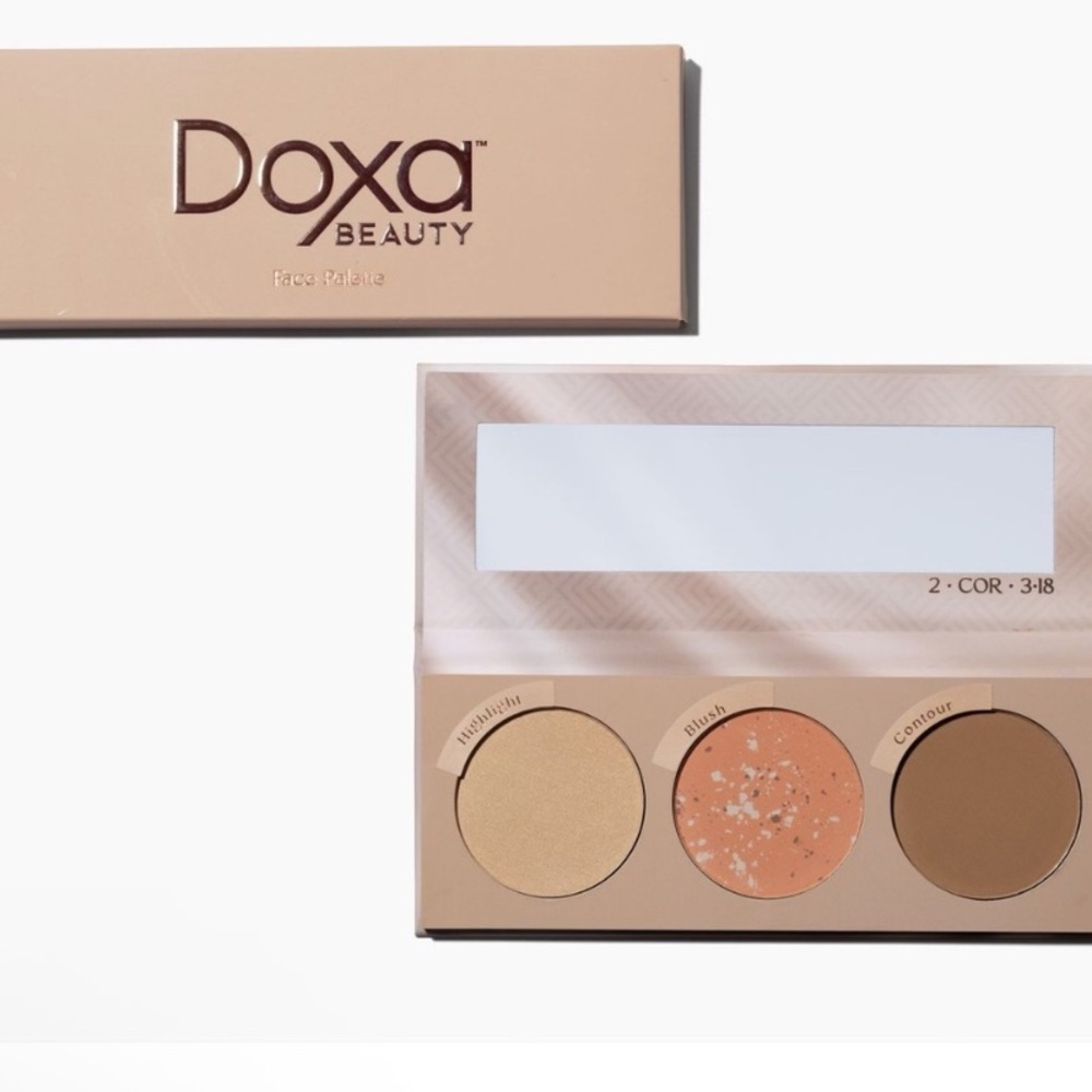 Doxa Beauty Face Palette with blush contour and highlighter powders for any skin